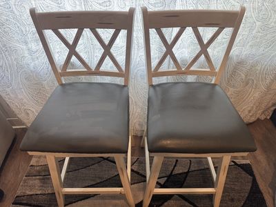 Distressed White Wood Bar Stool with Gray Upholstered Seat - 24" Counter Height, set of 2