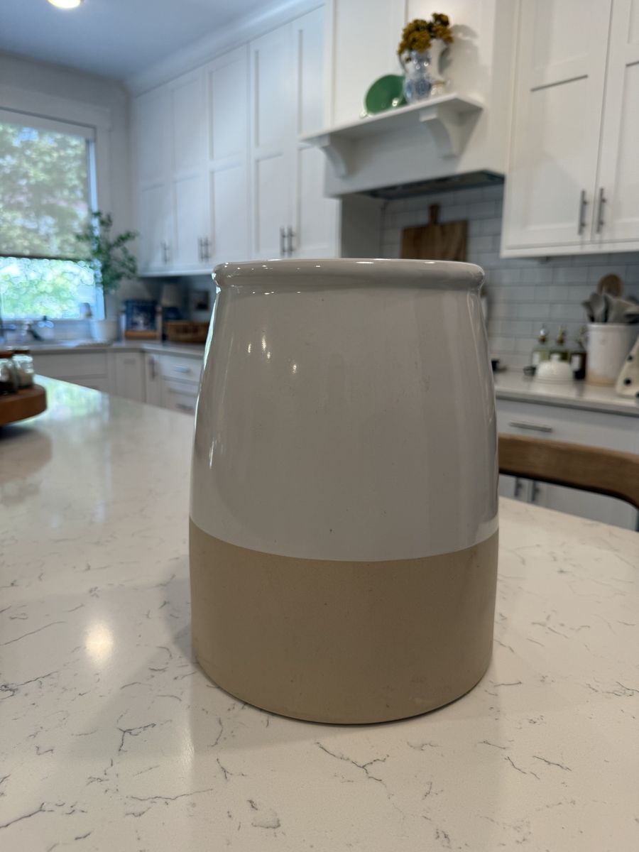 Large White and Beige Ceramic Crock