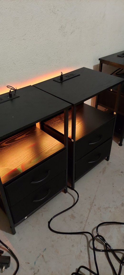 Modern Black Nightstands with Power Outlets and LED Lighting - Pair