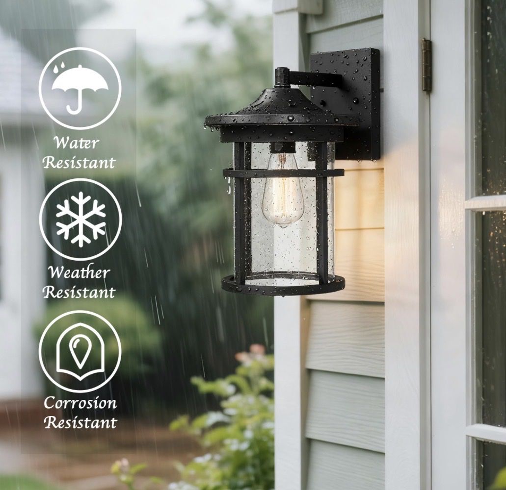 Outdoor Wall Lantern, Black Weather Resistant Sconce with Seeded Glass, 14" Tall