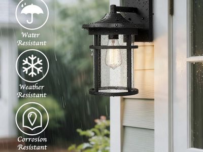 Outdoor Wall Lantern, Black Weather Resistant Sconce with Seeded Glass, 14" Tall