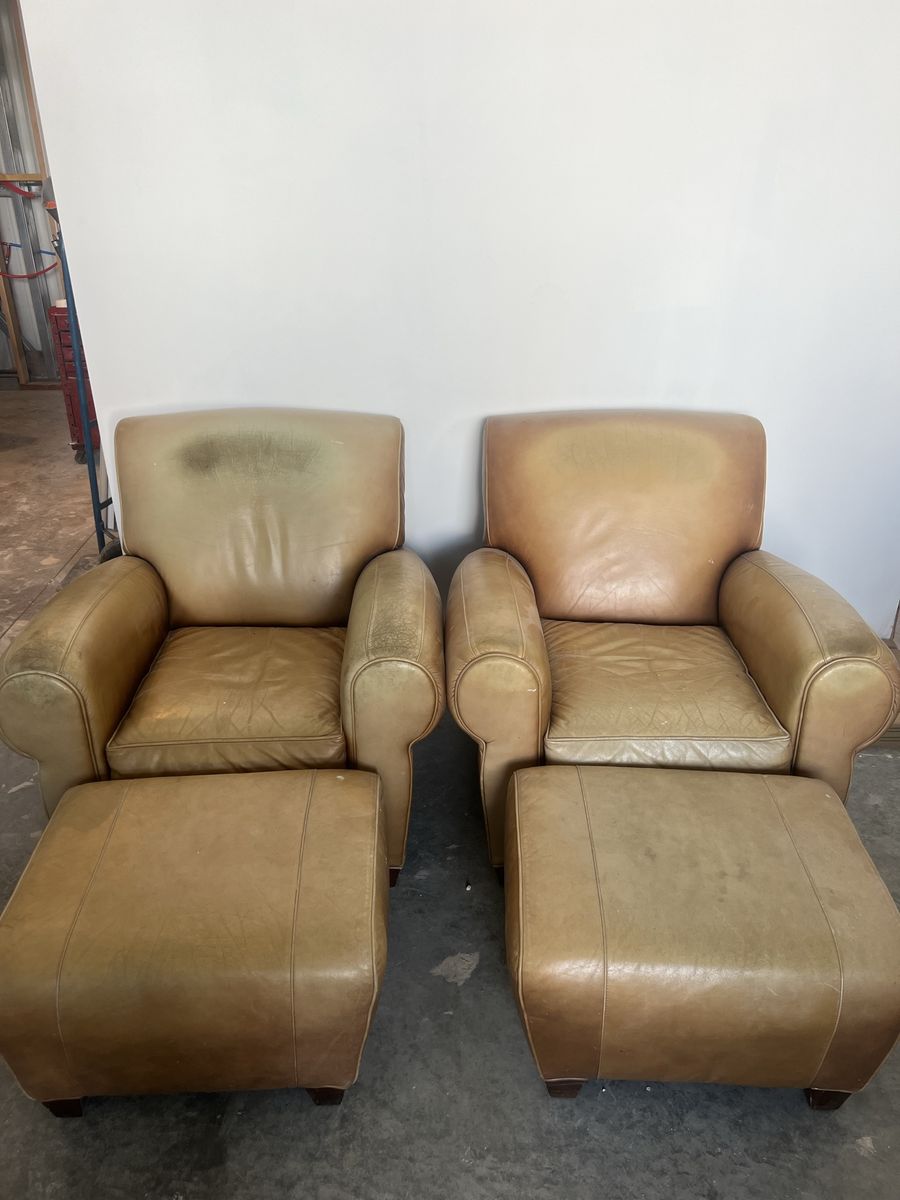 Set of 2 Leather Club Chairs with Ottomans - Classic Tan Leather Seating