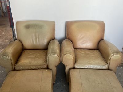 Set of 2 Leather Club Chairs with Ottomans - Classic Tan Leather Seating