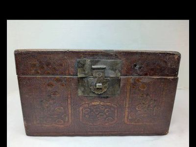 Antique Chinese Leather Trinket Box - Ornate Embossed Design & Metal Clasp - 8.5" Wide