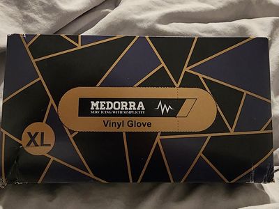 Boxes of medorra vinyl gloves