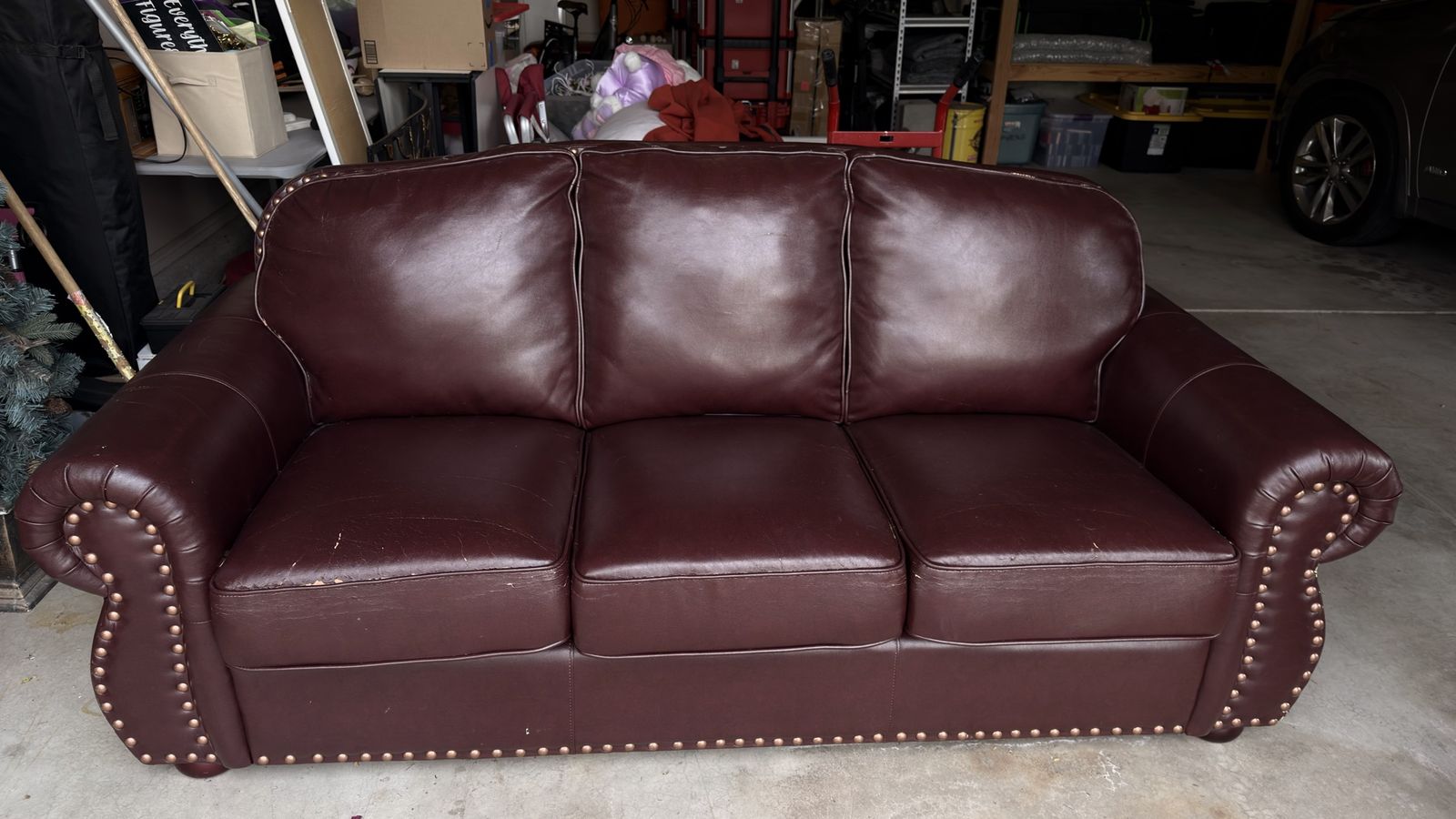  Burgundy Leather/Vinyl Sofa with Nailhead Trim