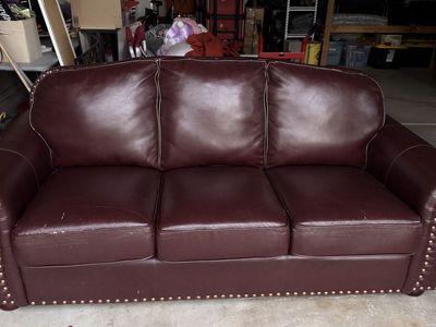Burgundy Leather/Vinyl Sofa with Nailhead Trim