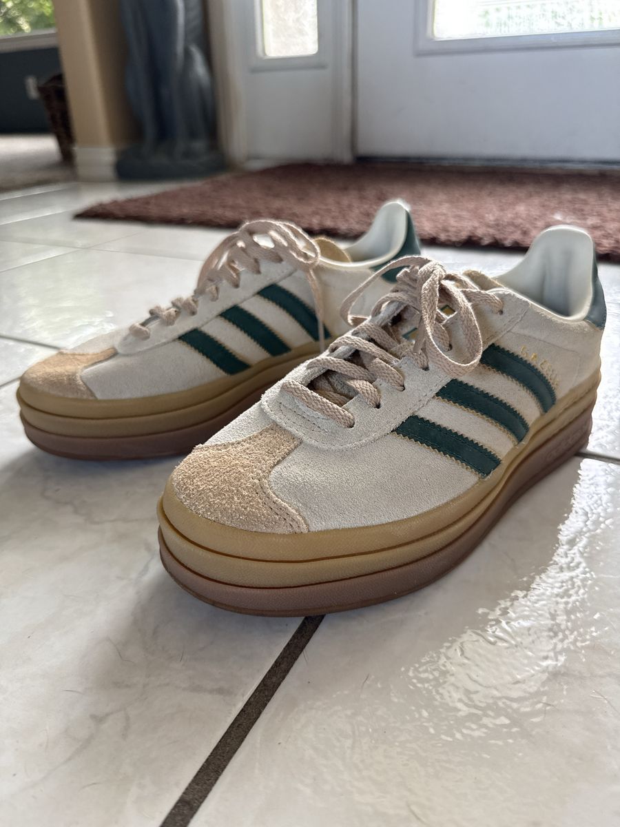 Adidas Gazelle Bold Platform Sneakers - Green Stripe, Tan Suede - Women's US 7 (fits 7.5)