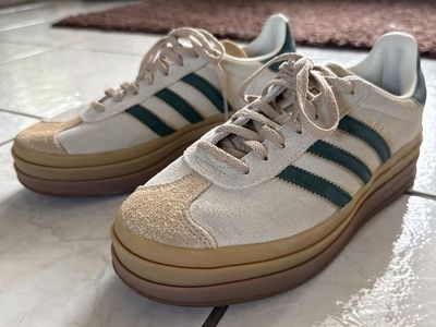 Adidas Gazelle Bold Platform Sneakers - Green Stripe, Tan Suede - Women's US 7 (fits 7.5)