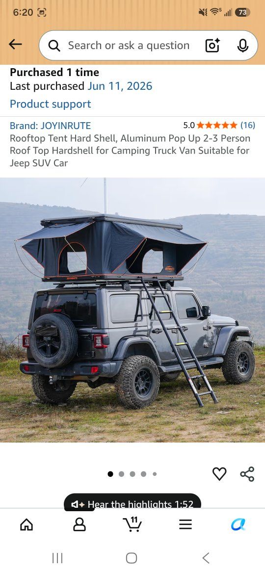 JOYINRUTE Hard Shell Aluminum Rooftop Tent - 2-3 Person Pop Up Tent