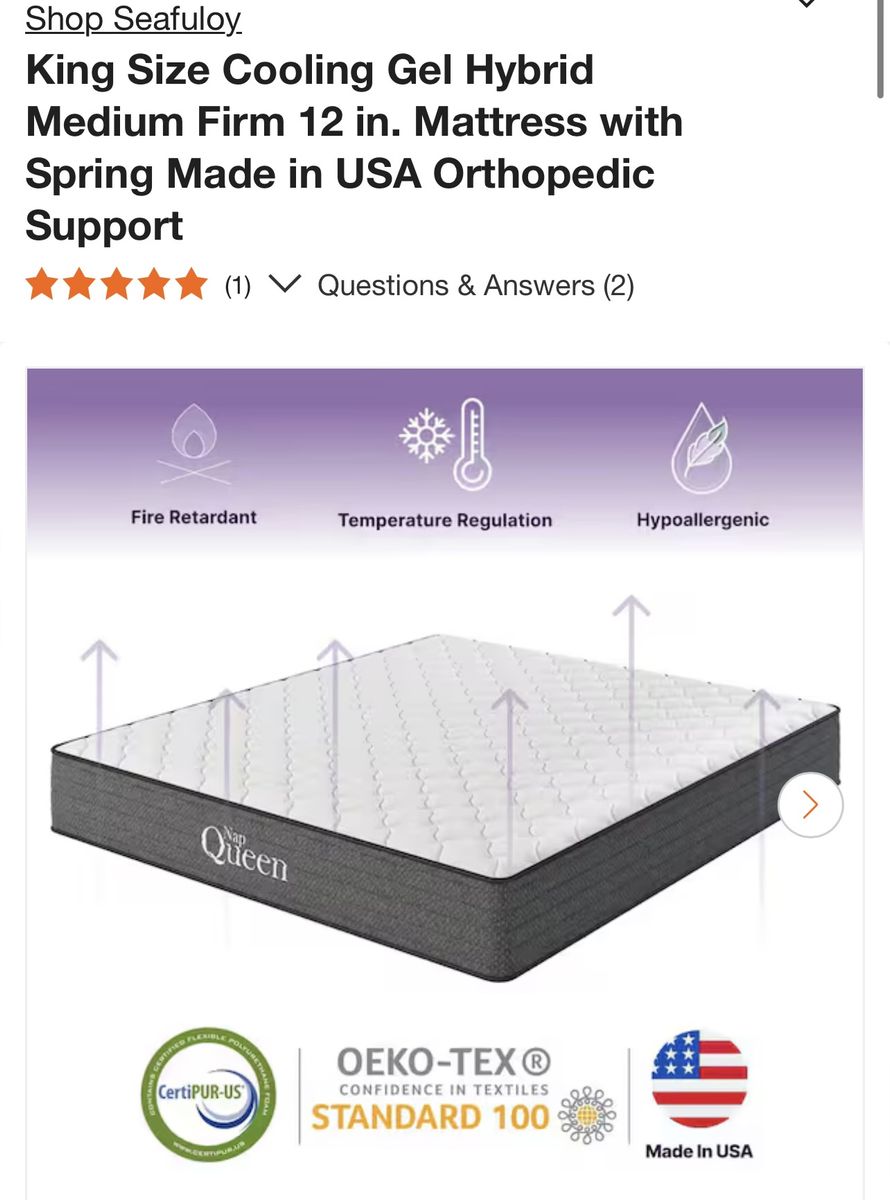 Nap Queen King Size 12 in. Cooling Gel Hybrid Medium Firm Orthopedic Mattress, Made in USA