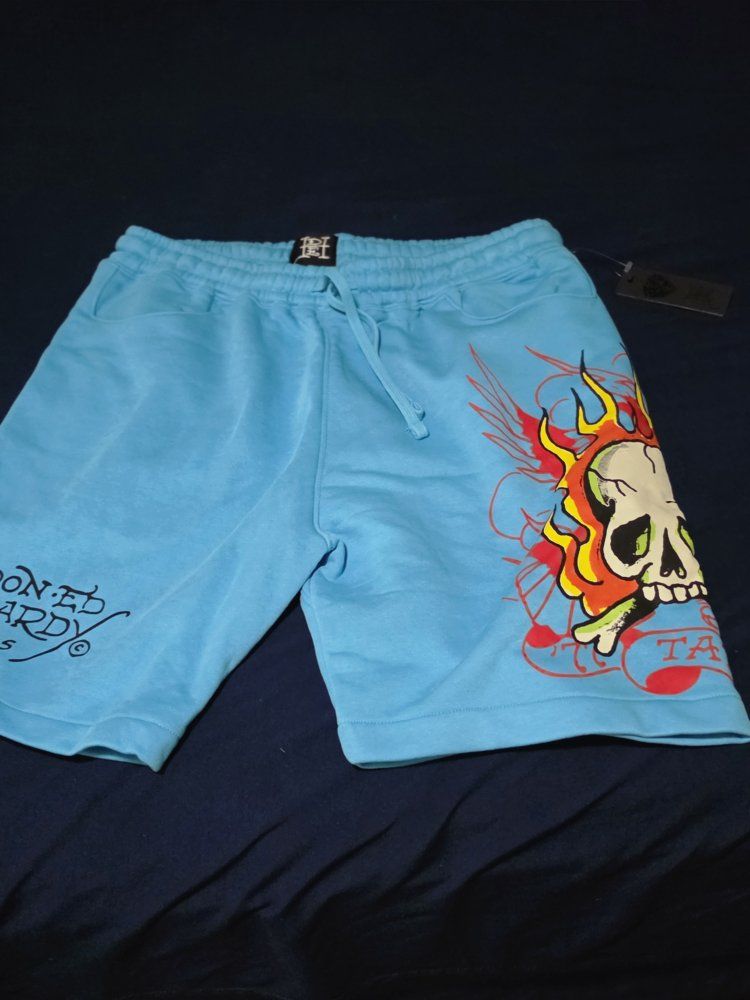 Ed Hardy Light Blue Skull & Flame Graphic Shorts - Men's Size L - New with Tags