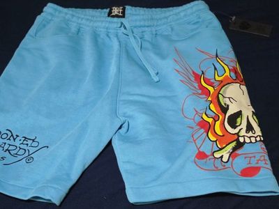 Ed Hardy Light Blue Skull & Flame Graphic Shorts - Men's Size L - New with Tags