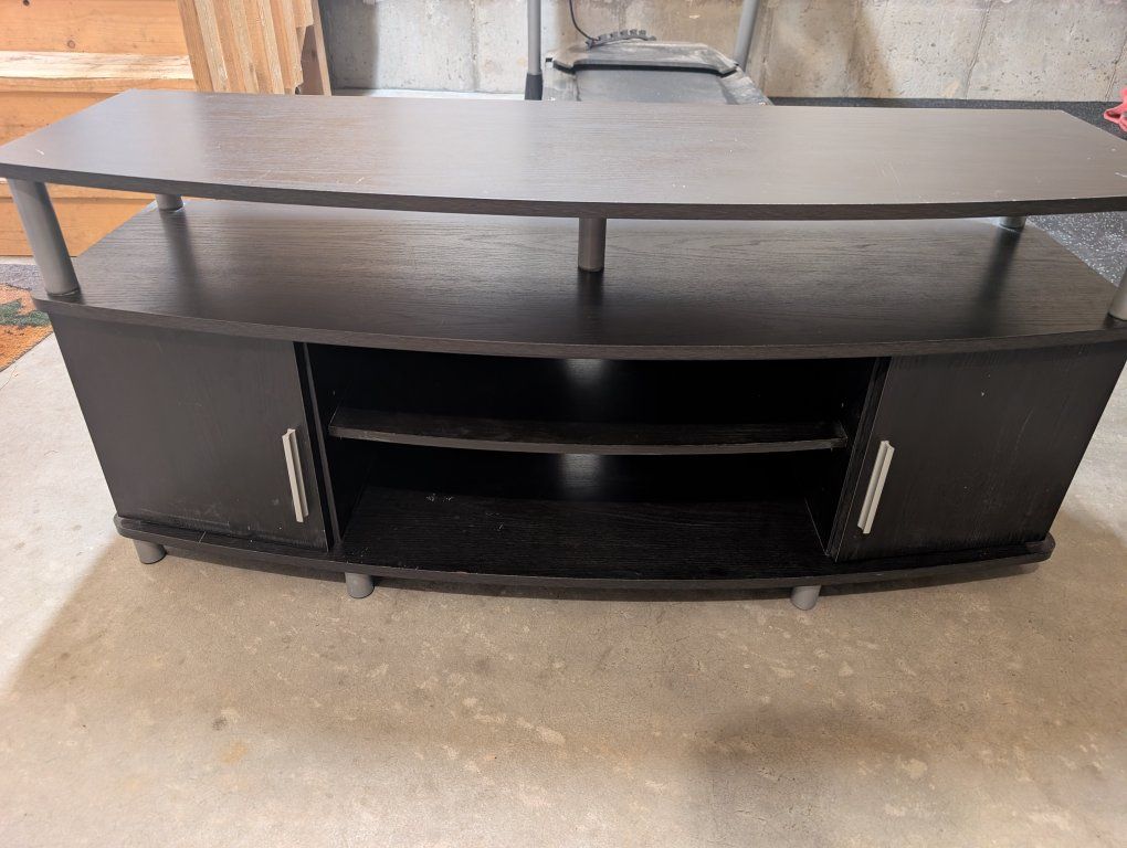 Dark Wood Curved TV Stand Media Console with Storage Shelves and Cabinets