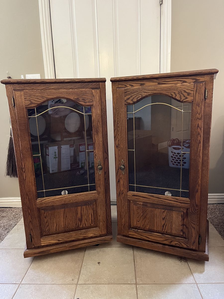 Wood Glass Display Cabinet With Wheels! Pair