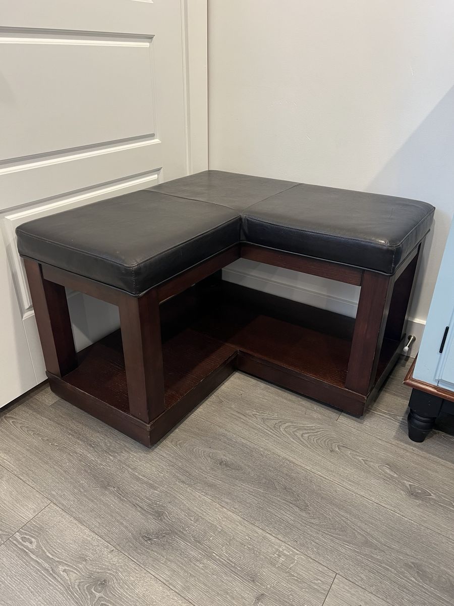 L-Shaped Storage Bench with Faux Leather Seat, Dark Cherry Wood