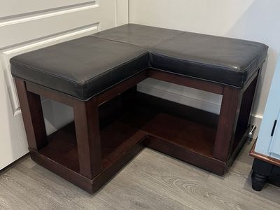 L-Shaped Storage Bench with Faux Leather Seat, Dark Cherry Wood