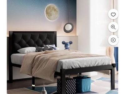 New Twin Size Metal Platform Bed Frame with Black Faux Leather Upholstered Button Tufted Headboard, No Box Spring Needed storage