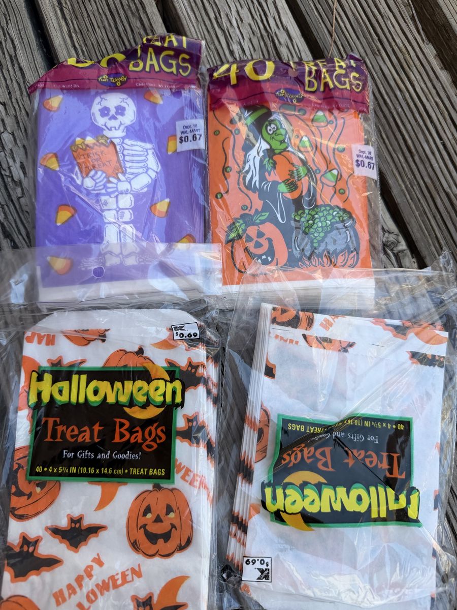 4 Packs Vintage Halloween Treat Bags - Skeleton, Witch, Pumpkin Designs (Approx. 160 Bags Total)
