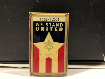 Patriotic Gold Tone We Stand United 2002 SLC Olympics Pin American Flag