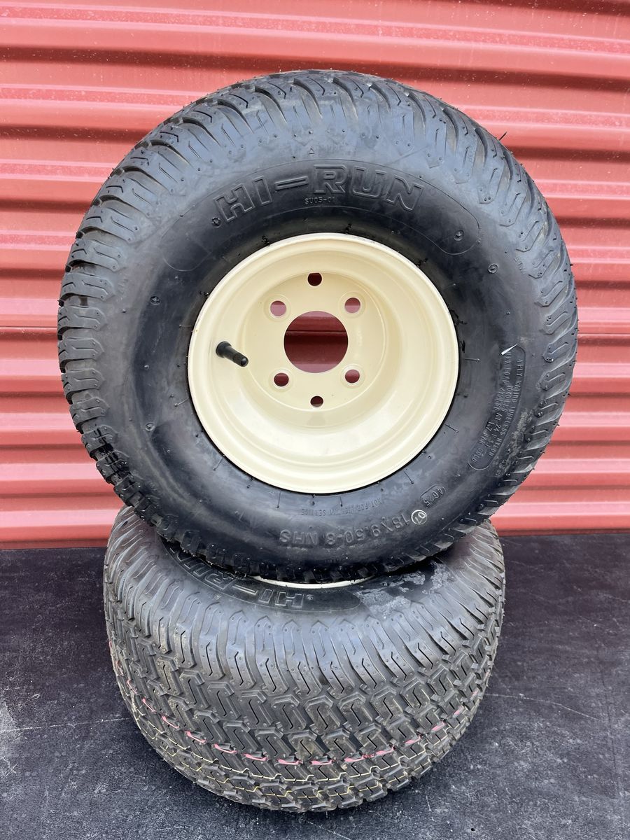 New Set of 2 Hi Run 18X9.5-8 Rear Riding Mower Tires Mounted on New Tan Wheels $ 40.00 For Both