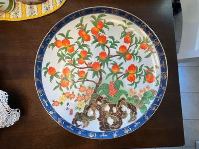 Large 16” Hand-Painted Chinese Porcelain Charger Plate – Peach Tree Longevity