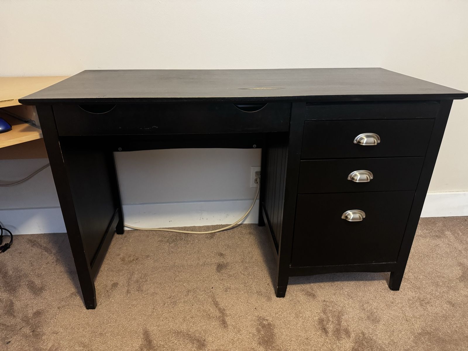 Black Wooden Desk with Keyboard Tray and 3 Drawers - Used Condition