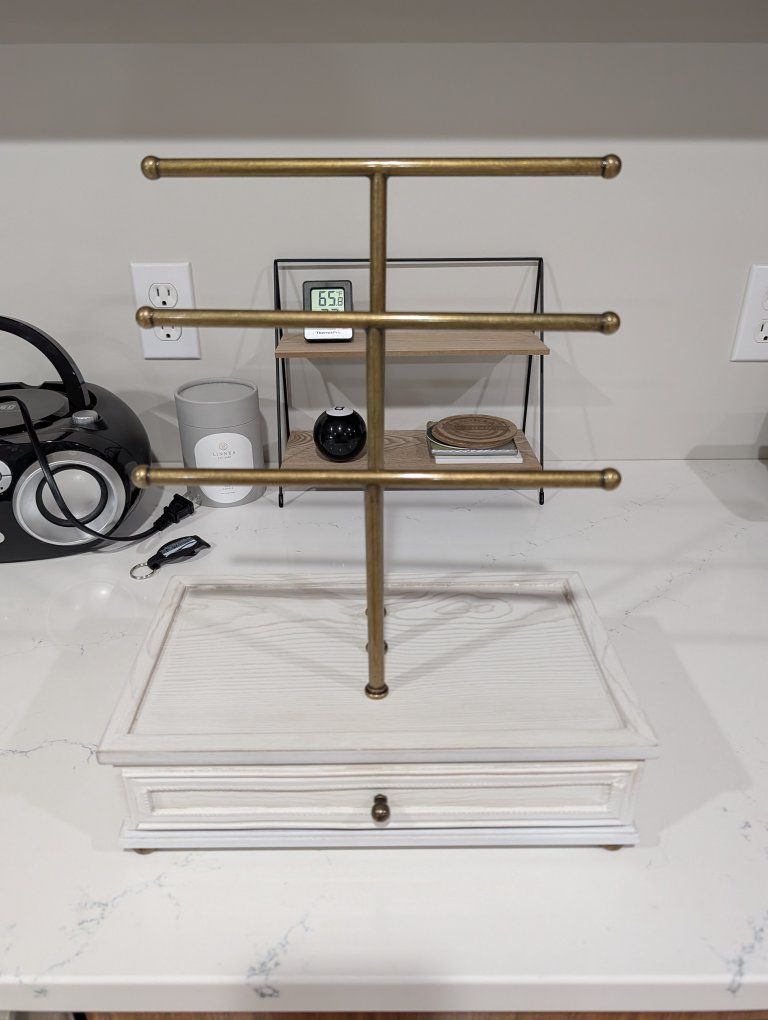 Williams-Sonoma Brass Jewelry Organizer Stand with Drawer - White Washed Wood - Excellent Condition