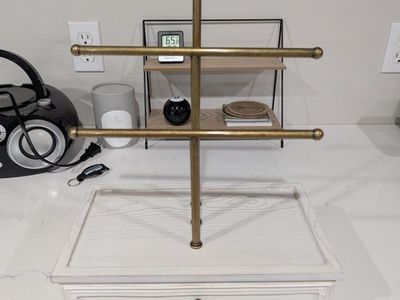 Williams-Sonoma Brass Jewelry Organizer Stand with Drawer - White Washed Wood - Excellent Condition