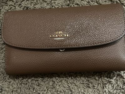 Coach Brown Pebbled Leather Snap Wallet with Gold-Tone Hardware - New York Logo