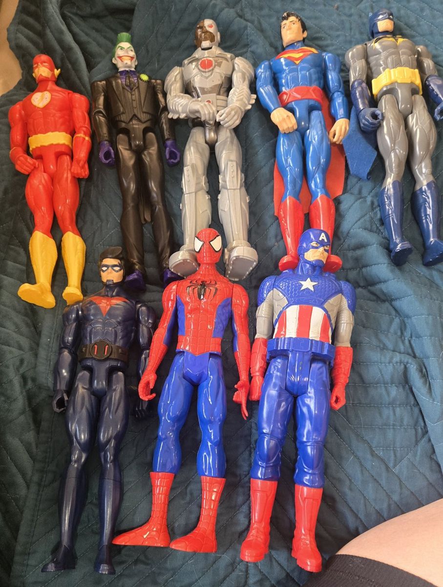 Large Lot of 8 Superhero Action Figures: Spider-Man, Captain America, Superman, Batman, Flash, Joker, Cyborg