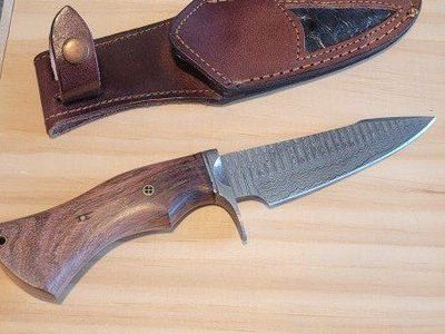 Handmade Damascus Steel Hunting Knife with Wood Handle and Leather Sheath