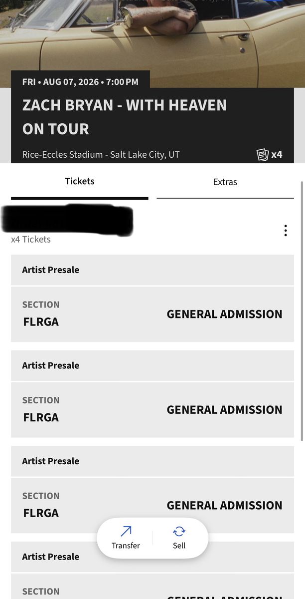 ZACH BRYAN FLOOR TICKETS (4) SLC