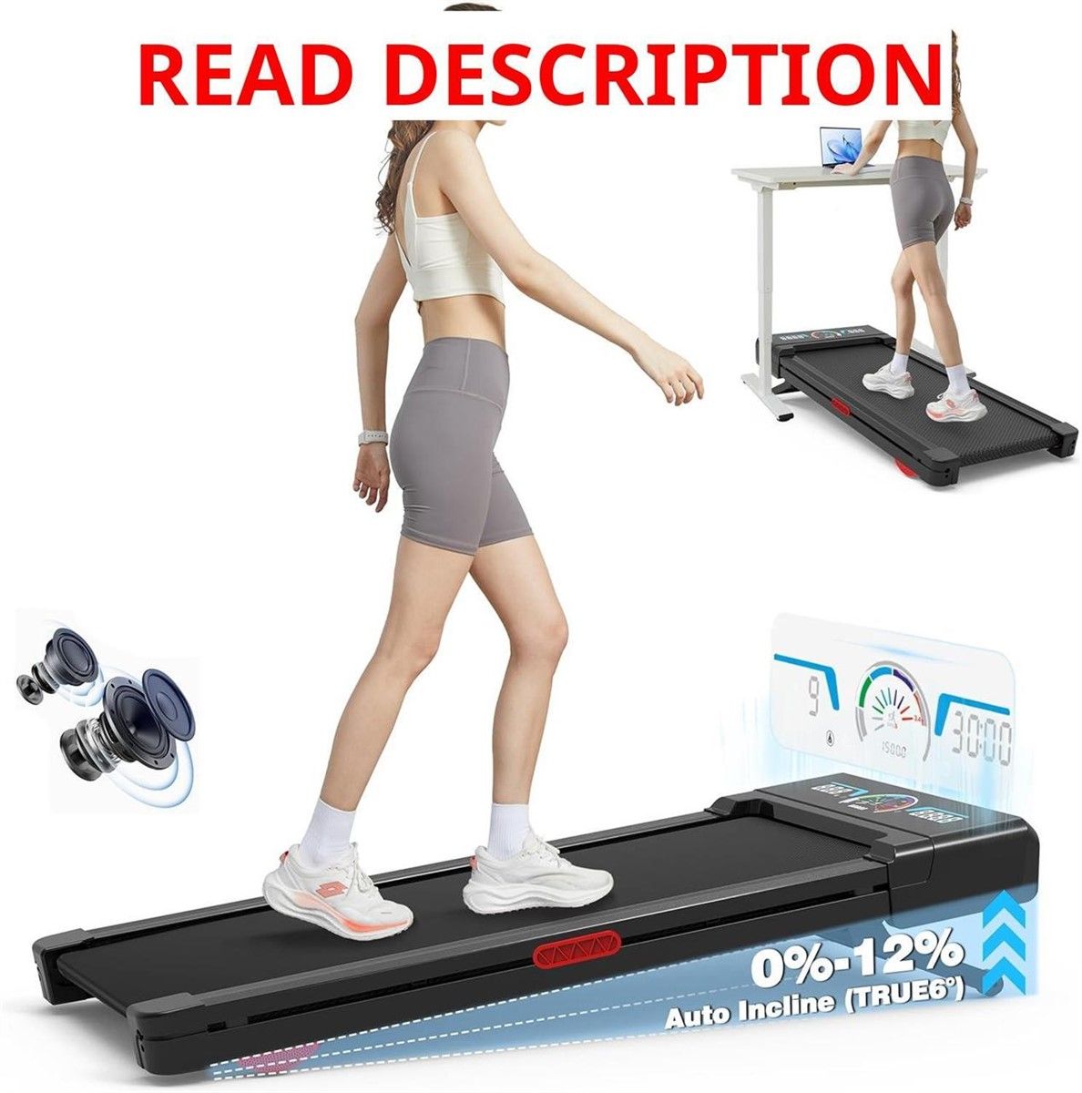 Walking Pad Treadmill 12% Auto Incline, Under Desk Treadmill