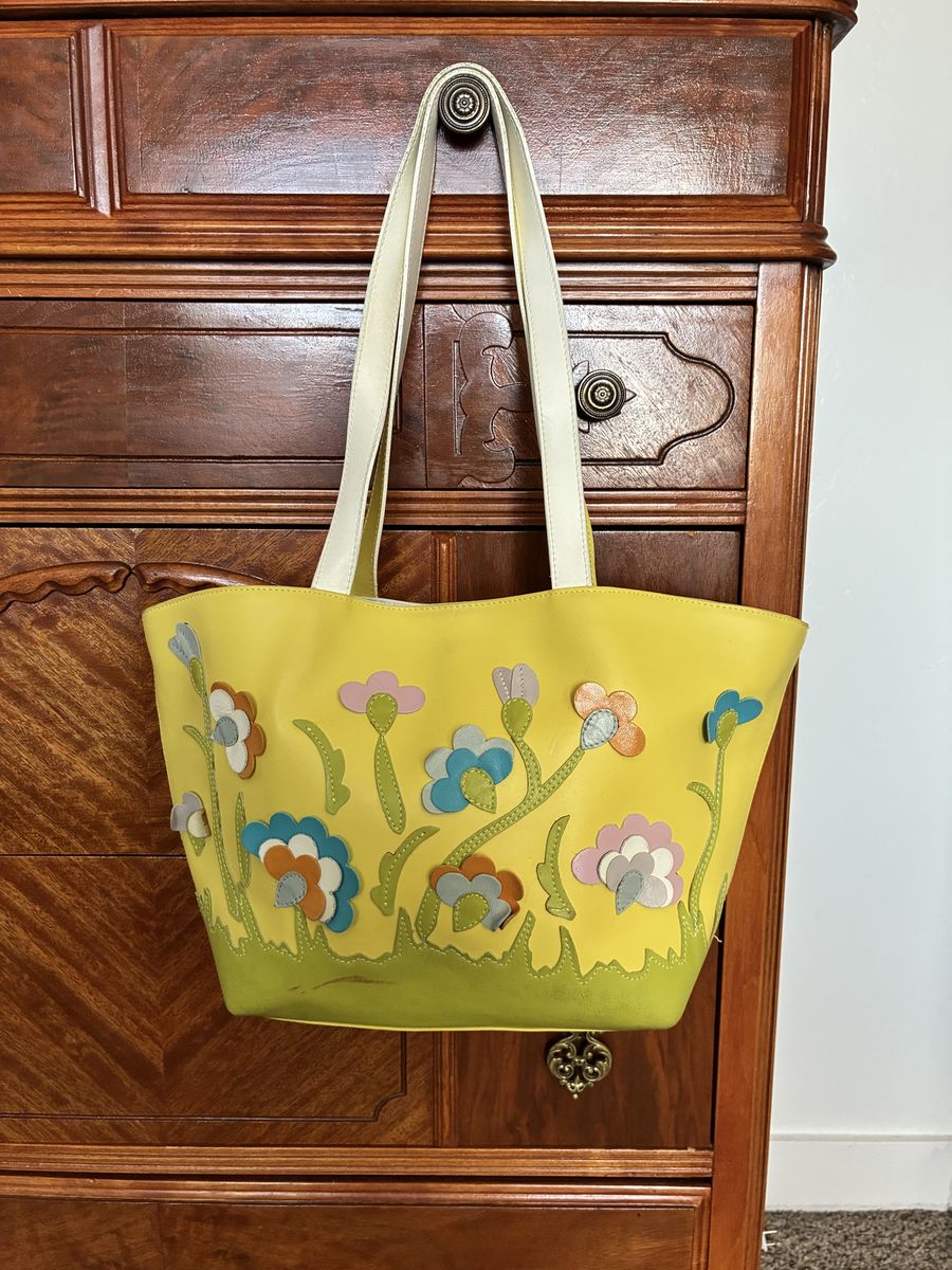 Braccialini Italian Leather Yellow Floral Tote Bag