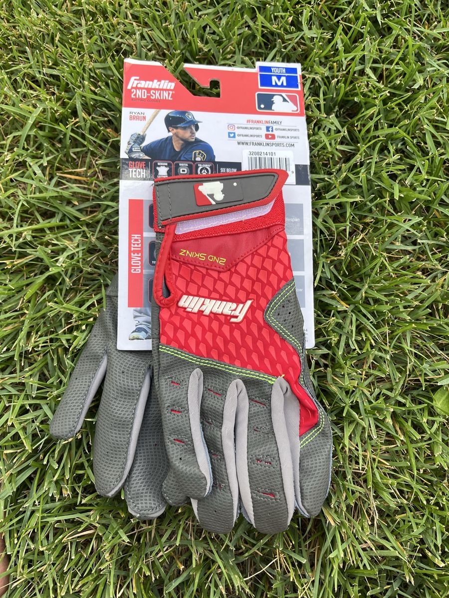 Franklin 2ND-SKINZ Youth Baseball Batting Gloves - Red/Grey, Size M