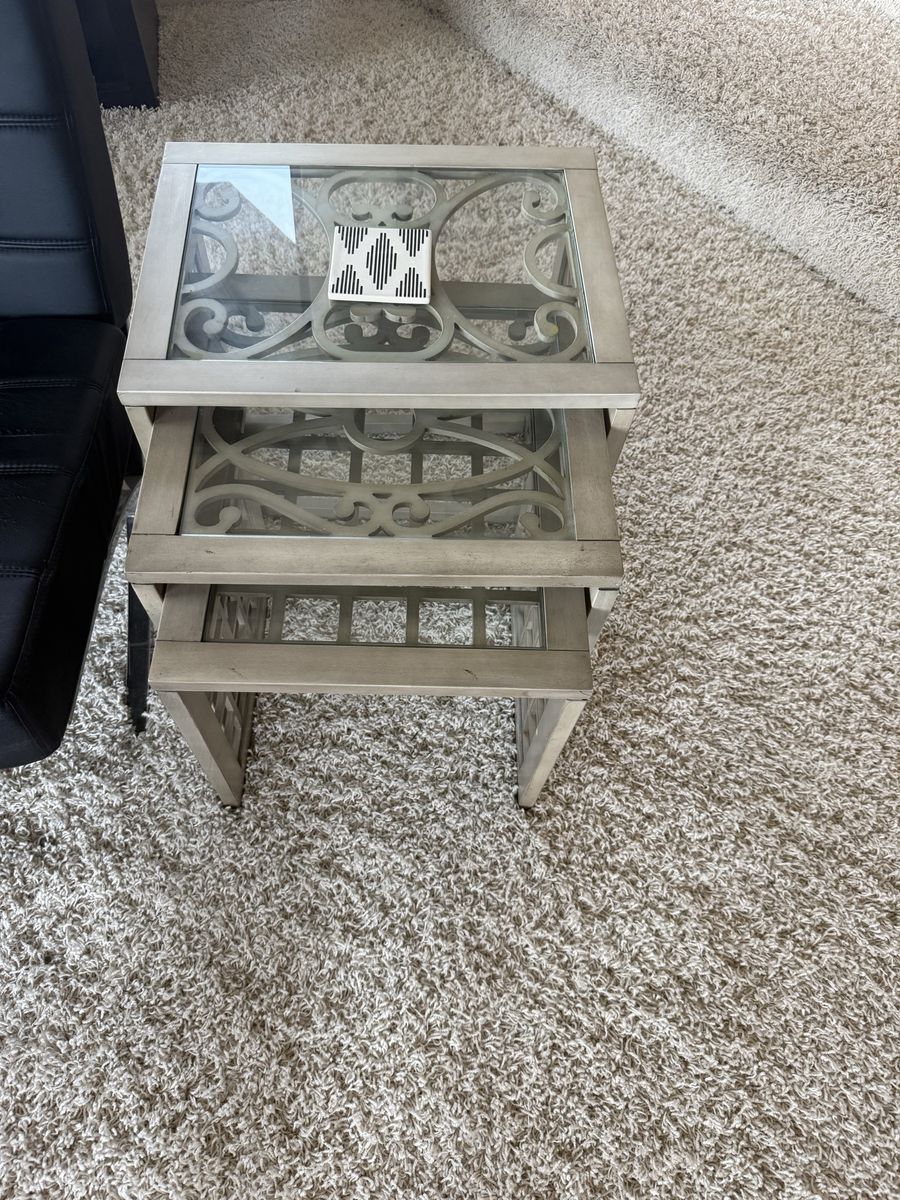 Set of 3 Nested Coffee End Tables with Glass Tops and Scrollwork