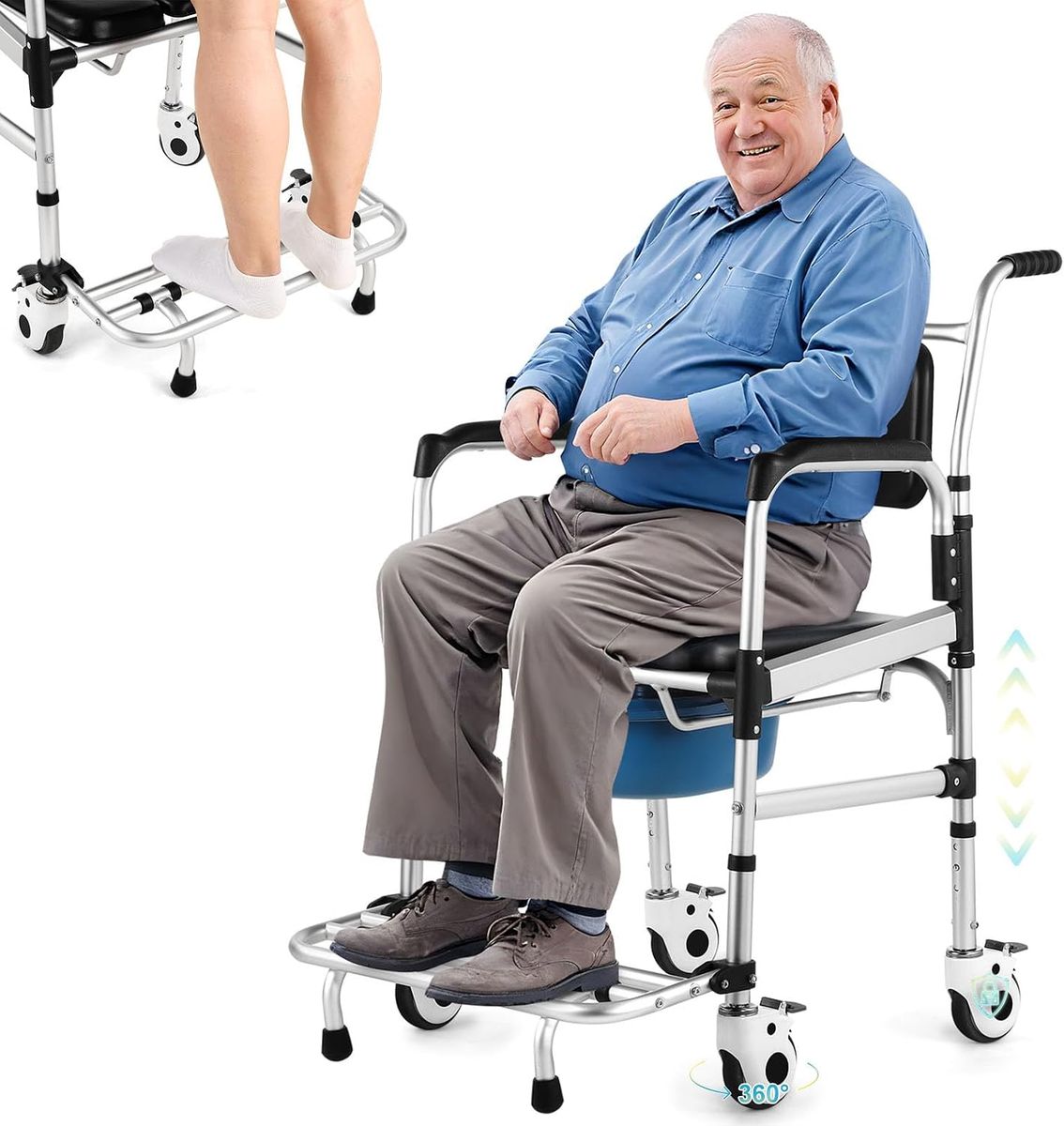 Rolling Shower Wheel Chair: 4-in-1 Bariatric Commode Chair for Elderly