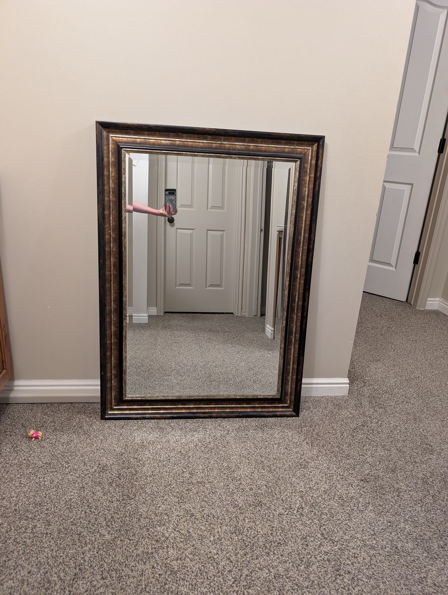 Large Framed Wall Mirror, Dark Wood Finish with Gold Accents - Decorative & Functional