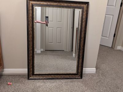 Large Framed Wall Mirror, Dark Wood Finish with Gold Accents - Decorative & Functional