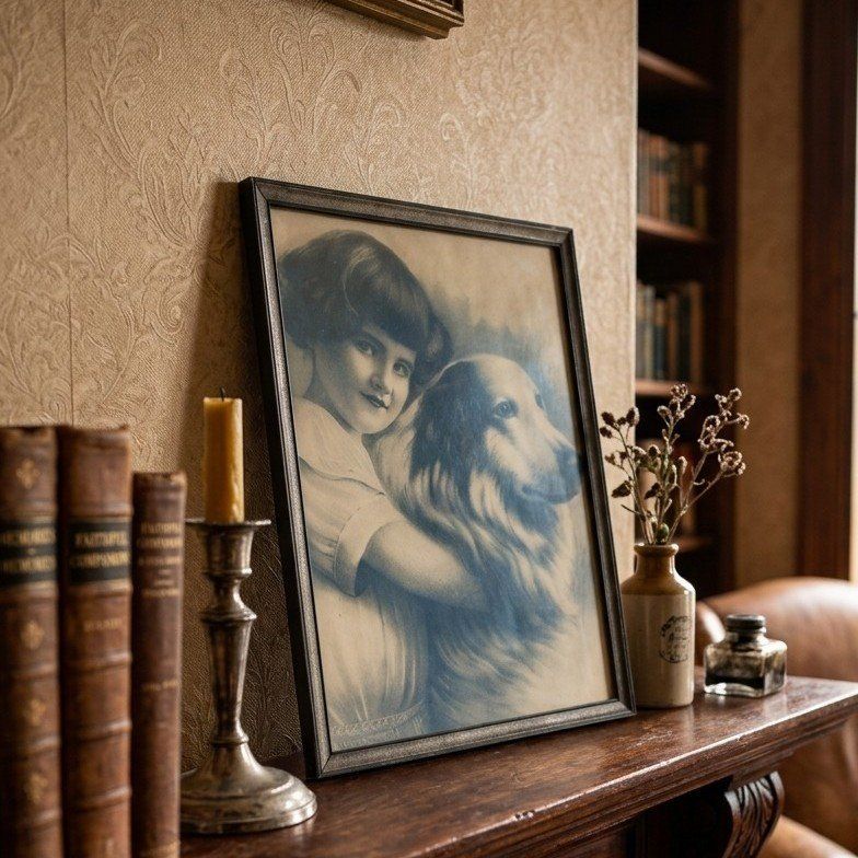 Antique Framed Print of A Girl and Her Dog