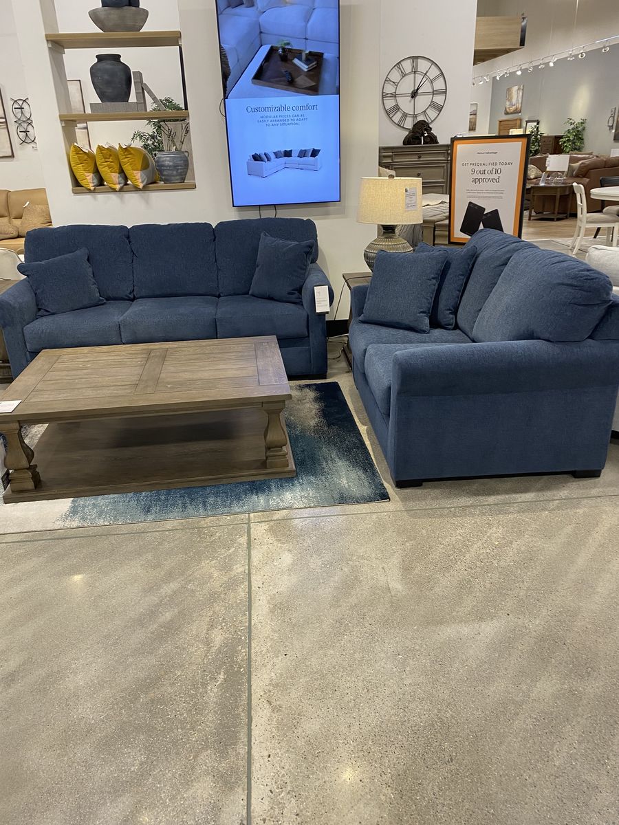 Blue Fabric Sofa and Loveseat Living Room Set with Matching Throw Pillows