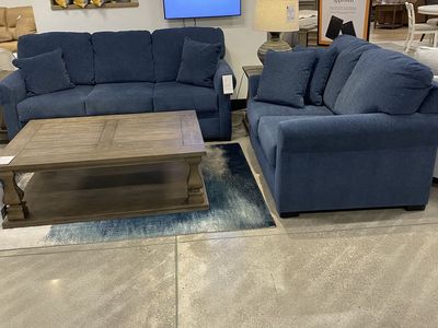 Blue Fabric Sofa and Loveseat Living Room Set with Matching Throw Pillows