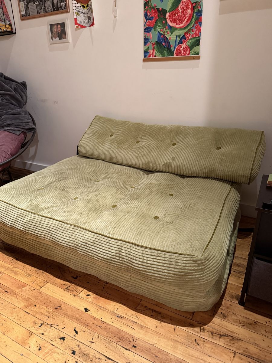 Green Corduroy Floor Sofa/Lounger with Adjustable Backrest, Tufted Cushions