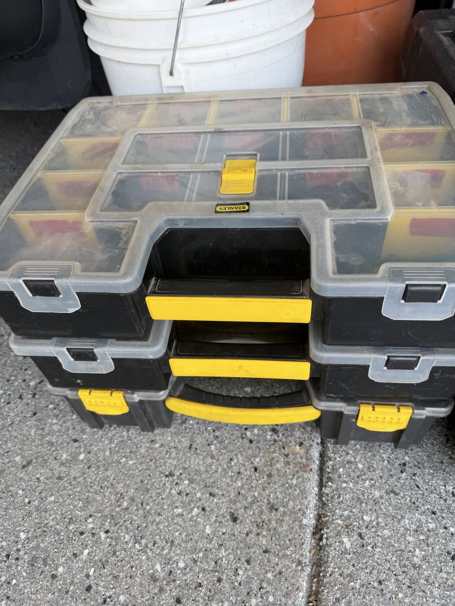 3 Stanley Small Parts Organizer Storage 1 has Plumbing Fittings, 1 has electrical stock.  $25 for all!  Cash only!