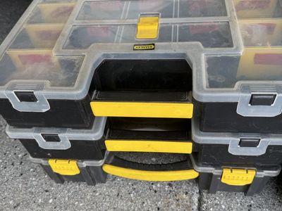 3 Stanley Small Parts Organizer Storage 1 has Plumbing Fittings, 1 has electrical stock. $25 for all! Cash only!