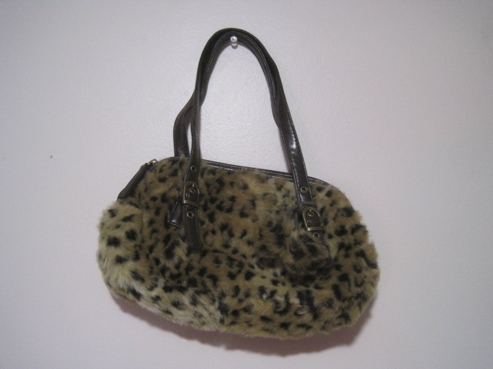 Women's Leopard Print Brown Leather Double Handle Zipper Furry Mini Purse Bag
