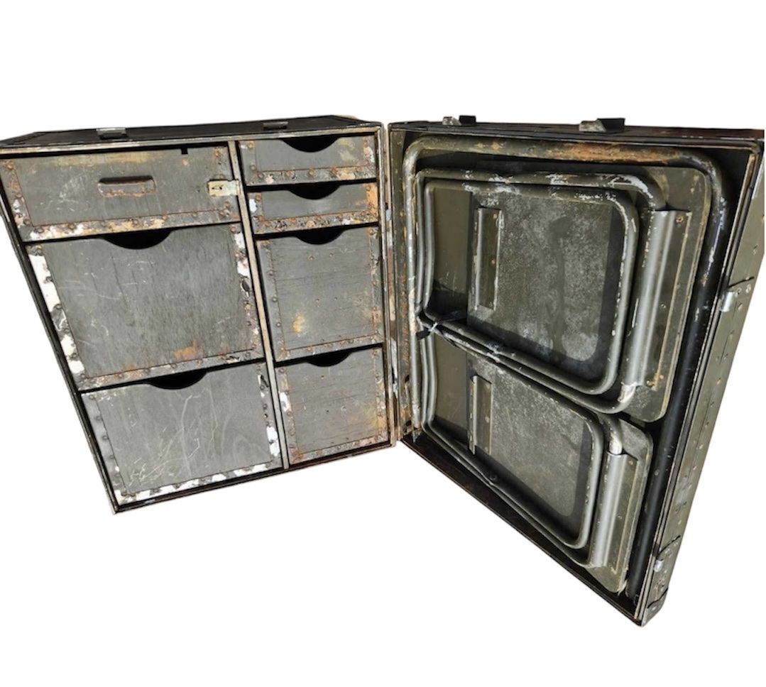 Vintage U.S. Military Portable Field Headquarters Desk plus two helmets
