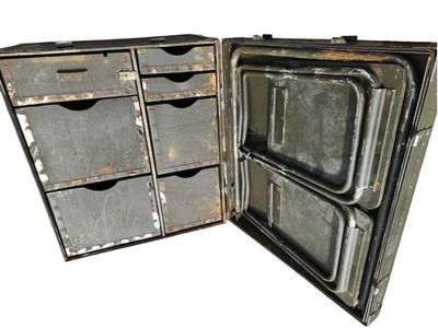 Vintage U.S. Military Portable Field Headquarters Desk plus two helmets