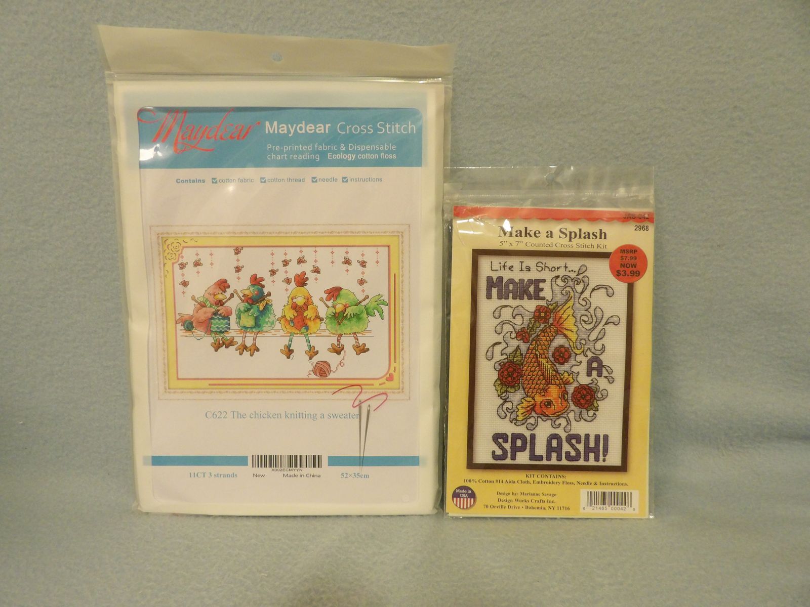 New Cross Stitch Pattern Kits "The Chicken Knitting a Sweater" & Fish "Life is Short Make a Splash"